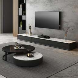 Rackhams Vasagle Living Room Set, Vasagle TV Stand With Coffee Table, Sintered Stone - Grey Tops - 220cm( Black Wood + White Top ) - No - thumbnail 2