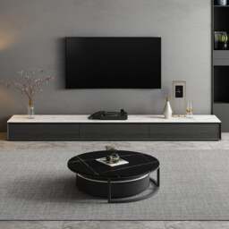 Rackhams Vasagle Living Room Set, Vasagle TV Stand With Coffee Table, Sintered Stone - Grey Tops - 220cm( Black Wood + White Top ) - No - thumbnail 4