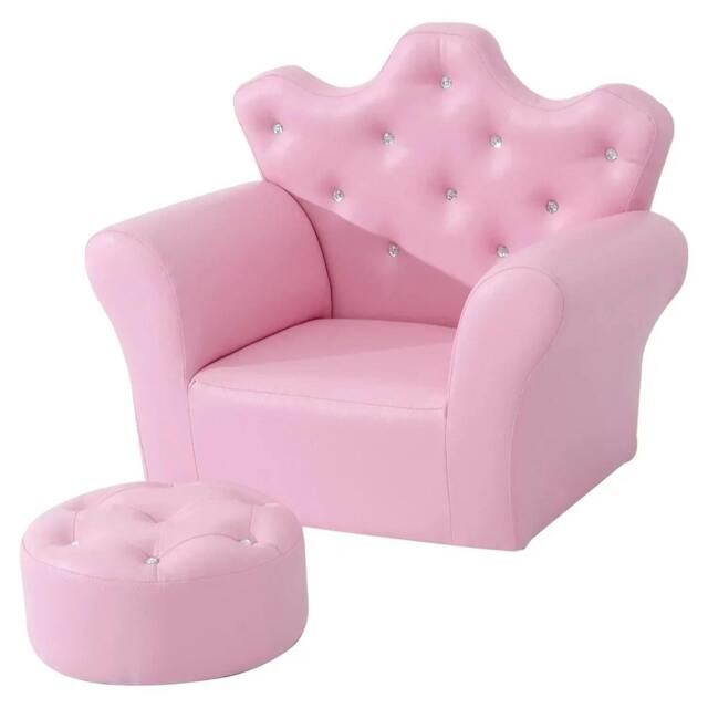 Rackhams Children Kids Sofa Set Armchair Chair Seat with Free Footstool PU Leather for Girls 58L x 40.5W x 49H cm Pink - image 1