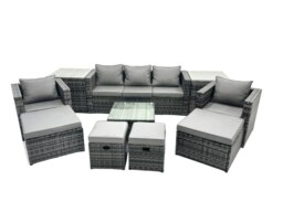Rackhams Outdoor Rattan Garden Furniture Set 9 Seater Patio Lounge Sofa Set with Armchair Square Coffee Table 2 Side Tables 4 Footstool Dark Grey Mixed - thumbnail 1