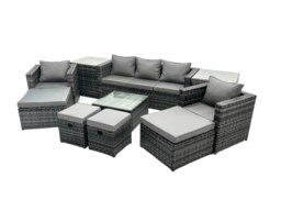 Rackhams Outdoor Rattan Garden Furniture Set 9 Seater Patio Lounge Sofa Set with Armchair Square Coffee Table 2 Side Tables 4 Footstool Dark Grey Mixed - thumbnail 2