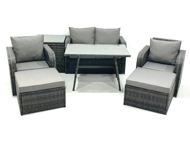 Rackhams Outdoor Garden Furniture Set Rattan Sofa Dining Table Set with Reclining Chair 2 Big Footstool Side Table Dark Grey Mixed - image 1