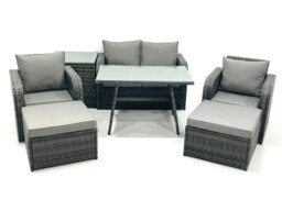 Rackhams Outdoor Garden Furniture Set Rattan Sofa Dining Table Set with Reclining Chair 2 Big Footstool Side Table Dark Grey Mixed - thumbnail 2