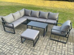 Rackhams Aluminium Garden Furniture Set Outdoor Indoor Lounge Corner Sofa Chair Oblong Coffee Table Sets with Big Footstool Dark Grey - thumbnail 1