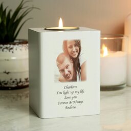Rackhams Personalised Photo Upload White Wooden Tea light Holder - thumbnail 2