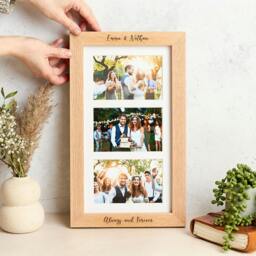 "Rackhams Personalised Solid Oak Triple Picture Frame with Mount - For 6x4"" Photos, Natural Finish - For 6""x4"" photos - Engraved + Prints"