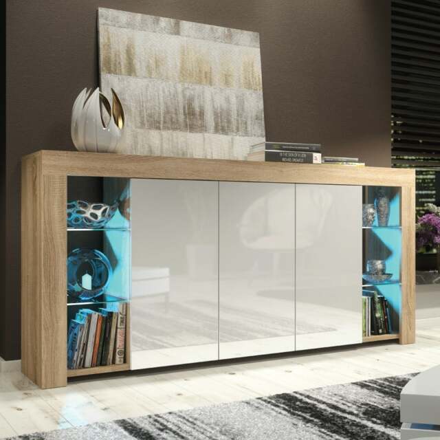 Rackhams Exclusive 164cm Modern Sideboard TV Unit Display Cabinet Cupboard High Gloss Doors - 164 cm - Oak Matt Body & White Gloss Doors - 1 - image 1