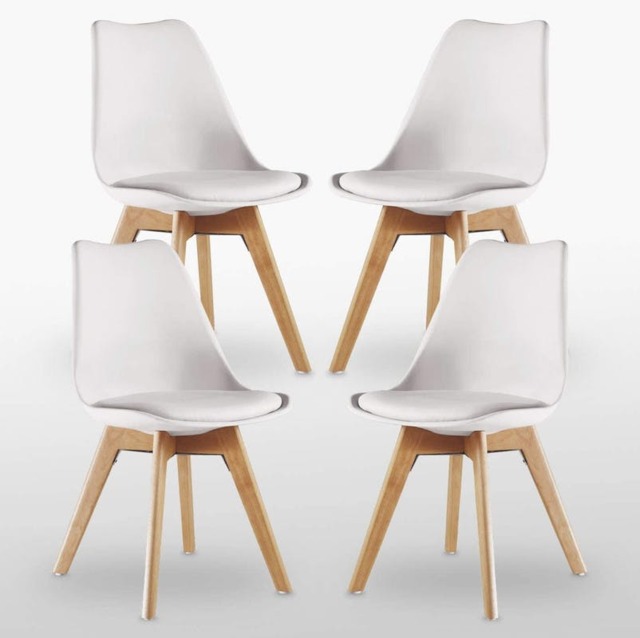 Rackhams Set of 4 Scandinavian Dining Chairs with Leather Cushions Solid Wood Legs - Plastic - White - Retro