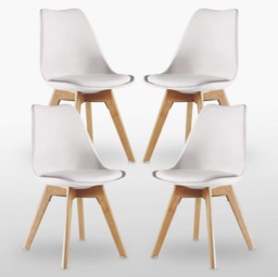 Rackhams Set of 4 Scandinavian Dining Chairs with Leather Cushions Solid Wood Legs - Plastic - White - Retro - thumbnail 1