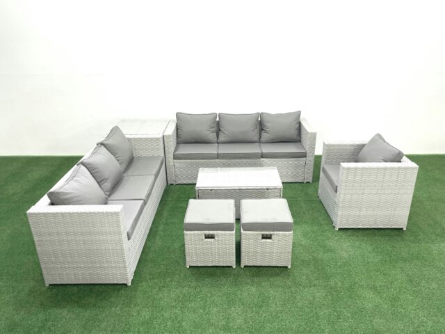 Rackhams Wicker PE Rattan Sofa Garden Furniture Set with Armchair Oblong Coffee Table 2 Small Footstools Side Table Light Grey Mixed - image 1