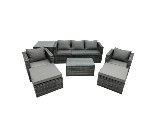Rackhams Rattan Garden Furniture Dining Set 7 seater Patio Coffee Table Sofa Set with Side Table 2 Armchair 2 Big Footstools Dark Grey Mixed - image 1