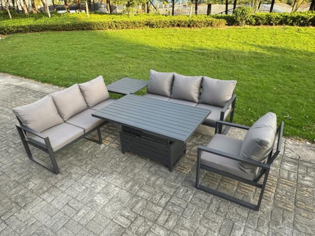 Rackhams Aluminium Garden Furniture Sets,7 Seater Outdoor Sofa Dining Set with Adjustable Rising Lifting Dining Table Side Table Cushions Dark Grey