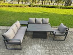 Rackhams Aluminium Garden Furniture Sets,7 Seater Outdoor Sofa Dining Set with Adjustable Rising Lifting Dining Table Side Table Cushions Dark Grey - thumbnail 2