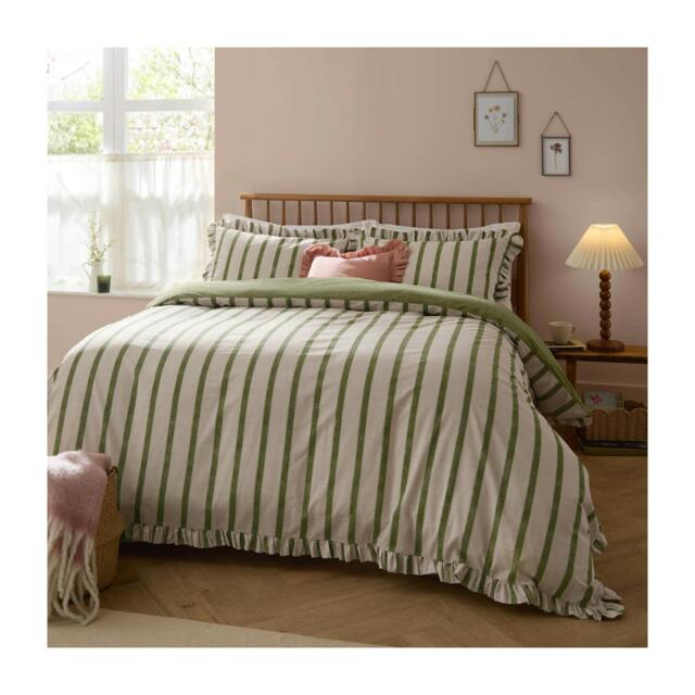 Rackhams Connie Ruffles Striped Duvet Cover Set - Olive - Double - Olive - 60% Cotton/40% Polyester - image 1