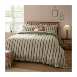 Rackhams Connie Ruffles Striped Duvet Cover Set - Olive - Double - Olive - 60% Cotton/40% Polyester - thumbnail 1