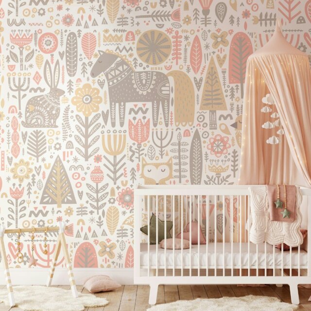 Rackhams Scandi Forest Animals Wall Mural - Pink - Medium - W300cm x H240cm - image 1