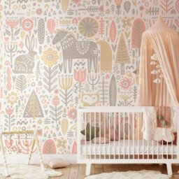 Rackhams Scandi Forest Animals Wall Mural - Pink - Medium - W300cm x H240cm - thumbnail 1
