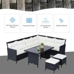 Rackhams 8-Seater Garden Rattan Furniture Rattan Corner Dining Sofa Set Wicker Conservatory Furniture Lawn Patio Coffee Table Foot Stool w/Cushion-Black - thumbnail 6