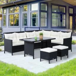 Rackhams 8-Seater Garden Rattan Furniture Rattan Corner Dining Sofa Set Wicker Conservatory Furniture Lawn Patio Coffee Table Foot Stool w/Cushion-Black - thumbnail 2