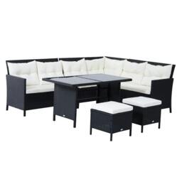 Rackhams 8-Seater Garden Rattan Furniture Rattan Corner Dining Sofa Set Wicker Conservatory Furniture Lawn Patio Coffee Table Foot Stool w/Cushion-Black - thumbnail 1