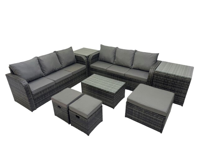 Rackhams Outdoor 3 Seater Sofa Coffee Table Set Garden Rattan Furniture Set 9 Seater with 3 Stool 2 Side Tables Dark Grey - image 1