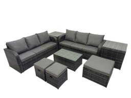 Rackhams Outdoor 3 Seater Sofa Coffee Table Set Garden Rattan Furniture Set 9 Seater with 3 Stool 2 Side Tables Dark Grey - thumbnail 1