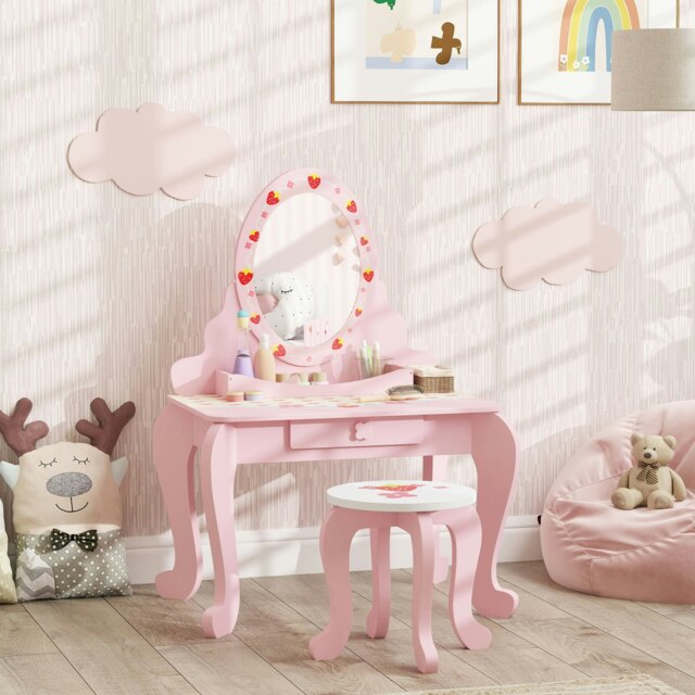 Rackhams Kids Dressing Table Set, 2 PCS Children Vanity Table with Stool - Pink - 65W x 45D x 89H cm - image 1