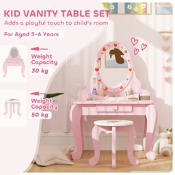 Rackhams Kids Dressing Table Set, 2 PCS Children Vanity Table with Stool - Pink - 65W x 45D x 89H cm - thumbnail 3