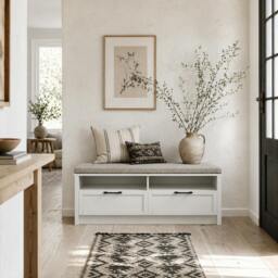 Rackhams Noma Wooden White Shoe Bench With Grey Cushion2 Shelves 2 Drawers - thumbnail 1