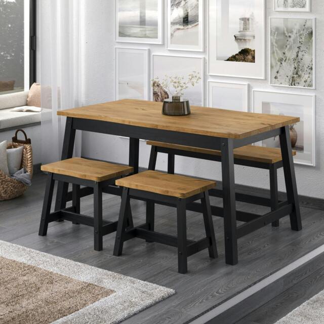 Rackhams Linea 3-Piece Spacious Dining Set, Table & Two Benches - White Wax - image 1