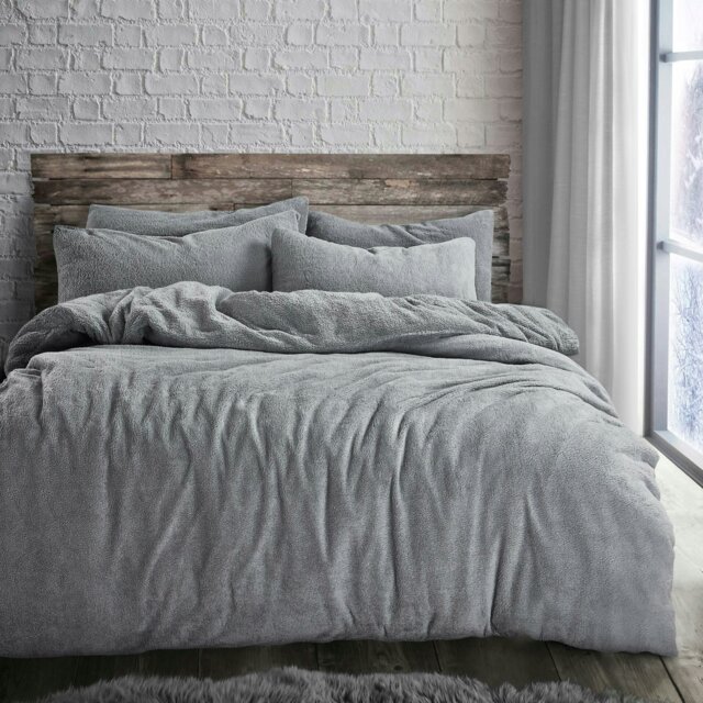 Rackhams Plain Teddy Fluffy and Warm Fleece Duvet Cover Set - Silver - King - image 1
