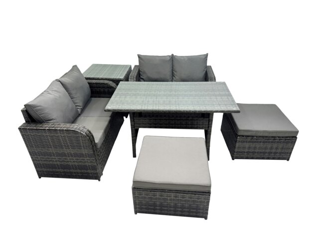 Rackhams Wicker PE Rattan Garden Outdoor Furniture Set Love Sofa Dining Table Sets with Side Table 2 Big Stools Dark Grey Mixed - image 1