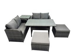 Rackhams Wicker PE Rattan Garden Outdoor Furniture Set Love Sofa Dining Table Sets with Side Table 2 Big Stools Dark Grey Mixed - thumbnail 1