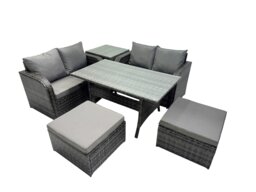 Rackhams Wicker PE Rattan Garden Outdoor Furniture Set Love Sofa Dining Table Sets with Side Table 2 Big Stools Dark Grey Mixed - thumbnail 2