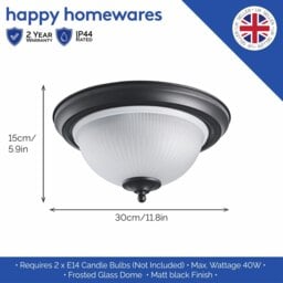 Rackhams Traditional Matt Black IP44 Bathroom Ceiling Light Fitting with Frosted Glass - thumbnail 4