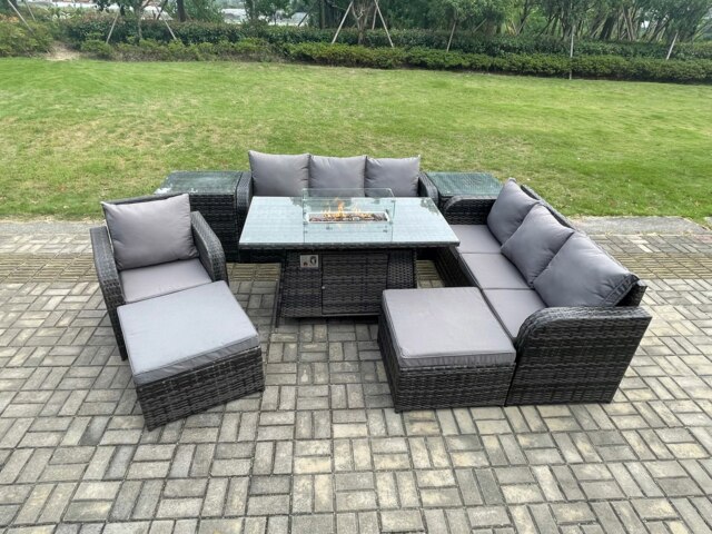 Rackhams 9-Seater Rattan Gas Fire Pit Dining Set - Outdoor / Indoor Sofa, Reclining Chair, 2 Side Tables & 2 Footstools - image 1