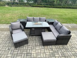 Rackhams 9-Seater Rattan Gas Fire Pit Dining Set - Outdoor / Indoor Sofa, Reclining Chair, 2 Side Tables & 2 Footstools - thumbnail 2