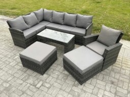 Rackhams Rattan Garden Furniture Sets High Back Corner Sofa Oblong Coffee Table Set with 2 Big Footstool Armchair Dark Grey Mixed - thumbnail 1