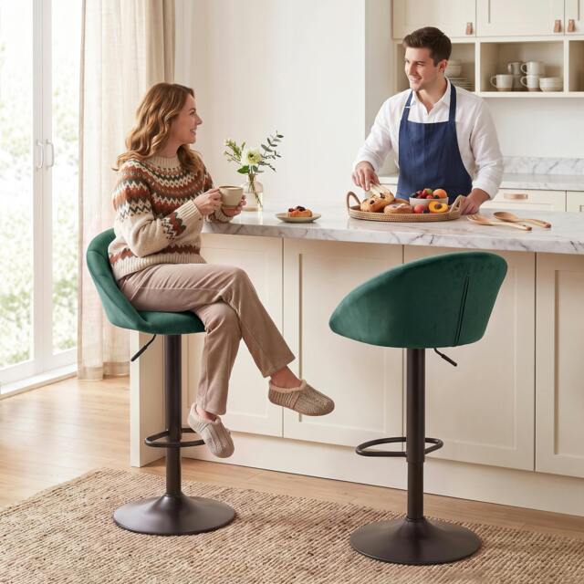 Rackhams Bar Stools Set of 2 Velvet Adjustable Swivel - Dark Green - image 1