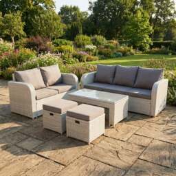 Rackhams 7 Seater Rattan Garden Furniture Set with Coffee Table, 3 Seater Sofa, Love Sofa & 2 Stools - Light Grey - thumbnail 1