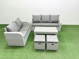 Rackhams 7 Seater Rattan Garden Furniture Set with Coffee Table, 3 Seater Sofa, Love Sofa & 2 Stools - Light Grey - thumbnail 2