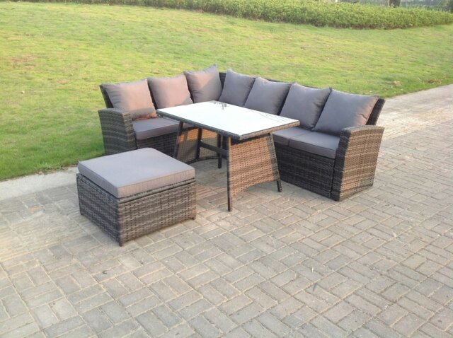 Rackhams 7 Seater High Back Rattan Garden Furniture Set Corner Sofa With Oblong Dining Table Footstool - image 1