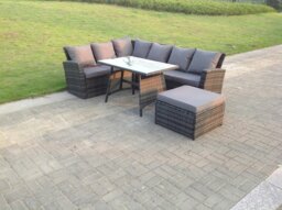 Rackhams 7 Seater High Back Rattan Garden Furniture Set Corner Sofa With Oblong Dining Table Footstool - thumbnail 2