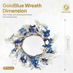 Rackhams 58cm Gold and Blue Baubles Wreath, Artificial PE Christmas Door Decoration - 58CM - Blue - Wreath - thumbnail 5