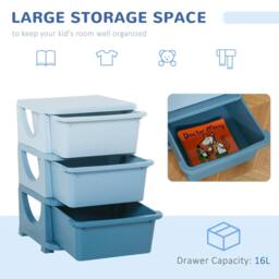 Rackhams 3 Drawers Plastic Storage Units, 3 Tier Kids Storage Units, Children Toy Chest for Nursery, Playroom, Bedroom, Blue - thumbnail 5