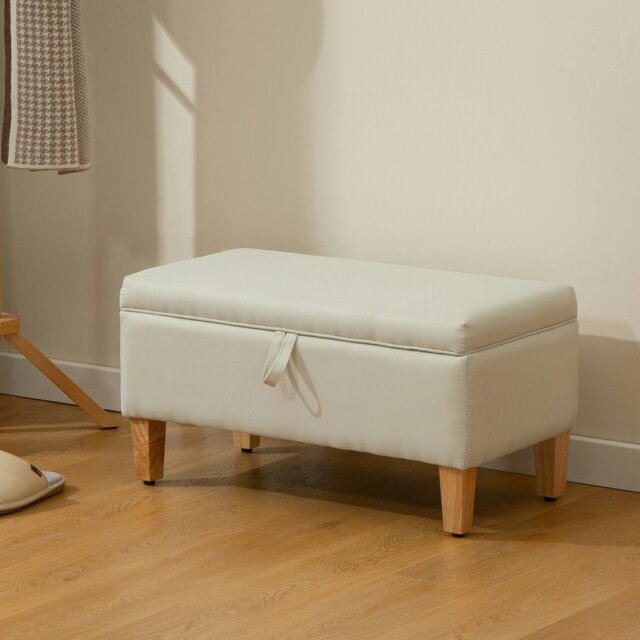 Rackhams Linen Storage Ottoman Storage Box with Rubberwood Legs, Beige - Beige - 1 - Storage Ottoman - image 1
