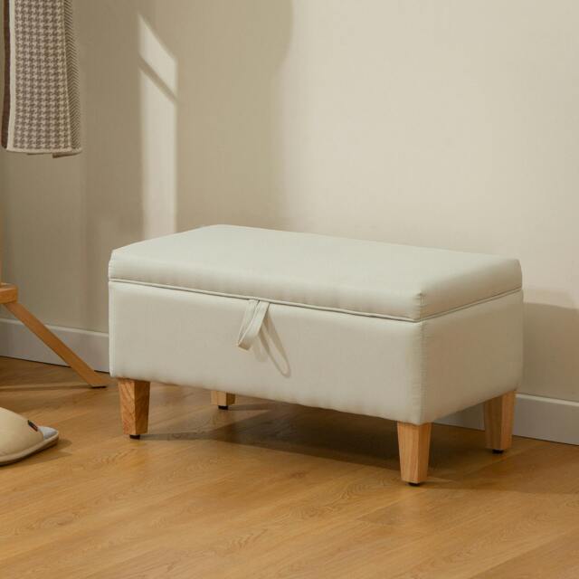 Rackhams Linen Storage Ottoman Storage Box with Rubberwood Legs, Beige - Beige - 1 - Storage Ottoman - image 1