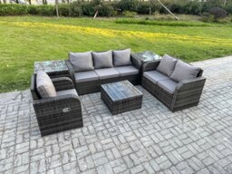 Rackhams Rattan Garden Furniture 6 Piece Patio Set With Table Sofa Square Coffee Table Reclining Chair Loveseat sofa 2 Side Tables - thumbnail 2