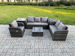 Rackhams Rattan Garden Furniture 6 Piece Patio Set With Table Sofa Square Coffee Table Reclining Chair Loveseat sofa 2 Side Tables - thumbnail 1