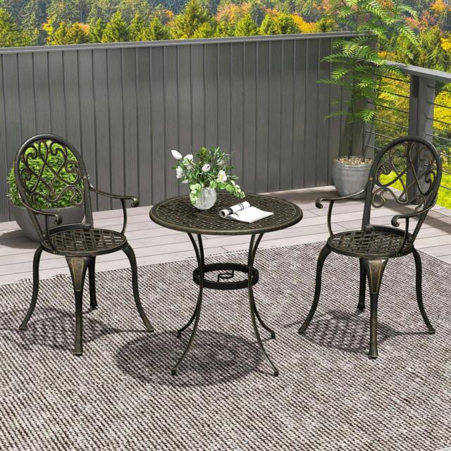 Rackhams 3PCs Garden Bistro Set Cast Aluminium Round Table with 2 Chairs White - Bronze Tone - image 1